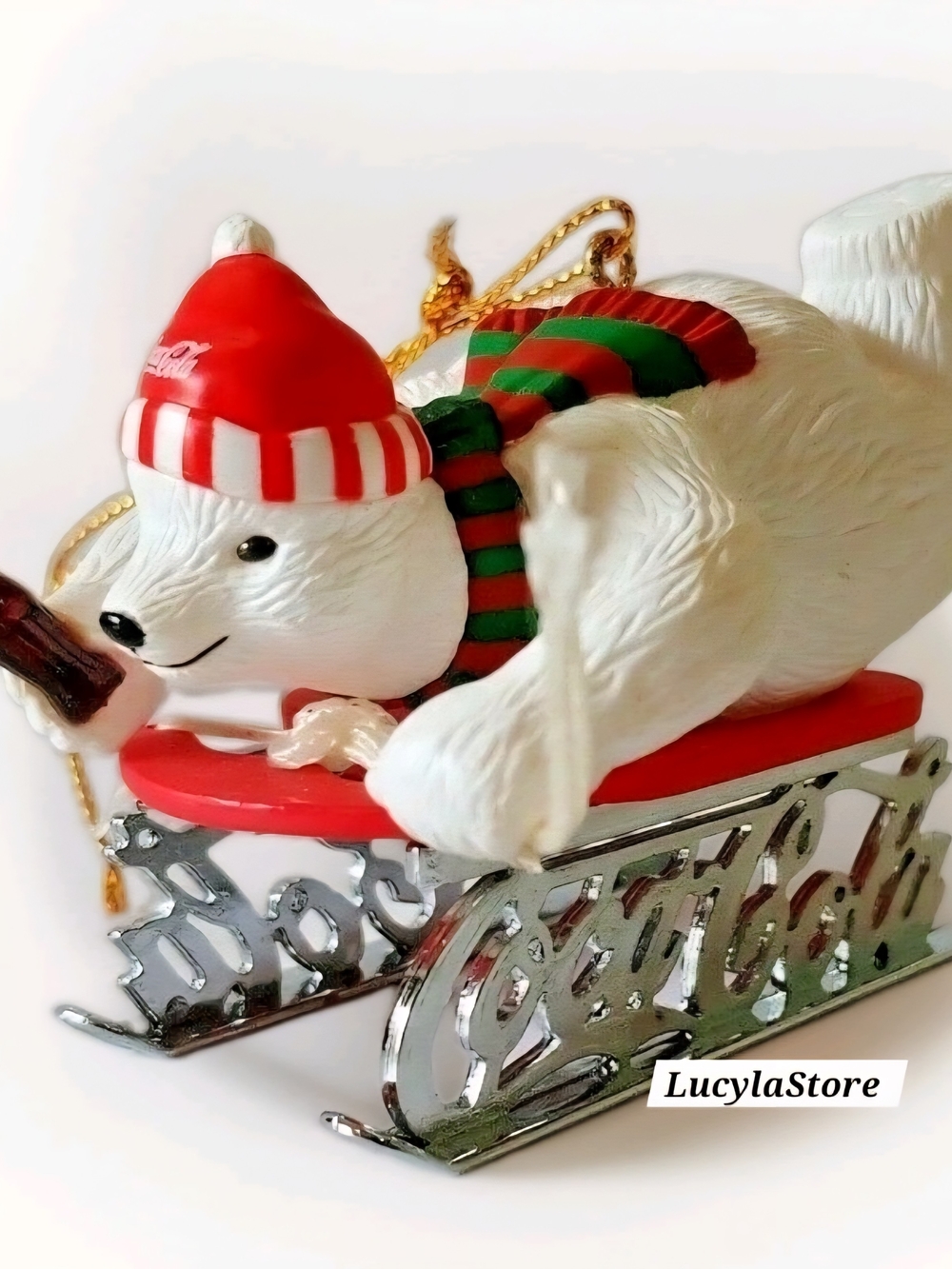1995 Coca Cola Polar Bear Collection Downhill Sledder Christmas ornament in Box